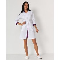 Изображение  Women's medical gown Olivia with buttons, white-violet s. 44, "WHITE ROBE" 159-346-677, Size: 44, Color: white-purple