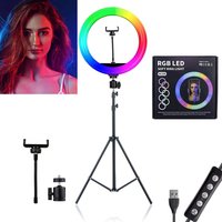 Изображение  MJ-26 RGB LED ring lamp (color) for 15 W. (26 cm) with a tripod and holder, on USB