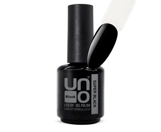 Зображення  Гель-лак для нігтів UNO Super Black, супер чорний, 15 мл, Об'єм (мл, г): 15, Цвет №: Black