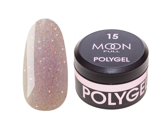 Изображение  Moon Full Poly Gel №15 polygel for nail extension Lilac diamond with shimmer, 15 ml, Volume (ml, g): 15, Color No.: 15