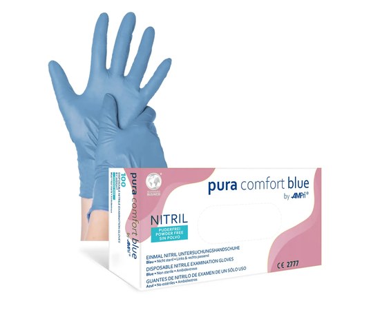 Изображение  Одноразовые перчатки нитриловые неопудренные синие AMPri Pura Comfort размер S, Синие, 100 шт.