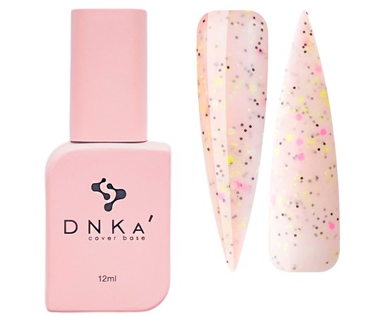 Изображение  База цветная DNKa Cover №061 Confetti Розово-бежевый с ярко-розовыми, желтыми многогранными частицами и черными точечками, 12 мл, Объем (мл, г): 12, Цвет №: 061