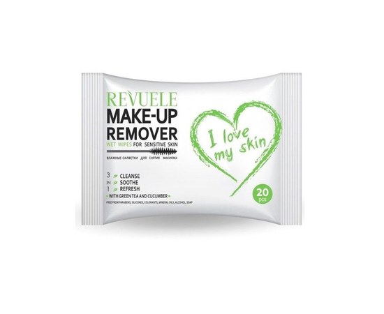 Зображення  Серветки для зняття макіяжу для чутливої ​​шкіри із зеленим чаєм Revuele Make-up Remover Wet Wipes For Sensitive Skin, 20 шт (3800225901246)