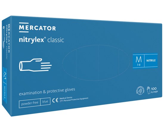 Изображение  Нитриловые смотровые неопудренные перчатки упаковка 100шт (50пар) Mercator Nitrylex Classic Gloves, M голубые