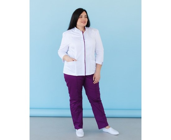 Изображение  Медицинский костюм женский Сакура белый-фиолетовый +SIZE р. 56, "БЕЛЫЙ ХАЛАТ" 317-346-679, Размер: 56, Цвет: белый-фиолетовый