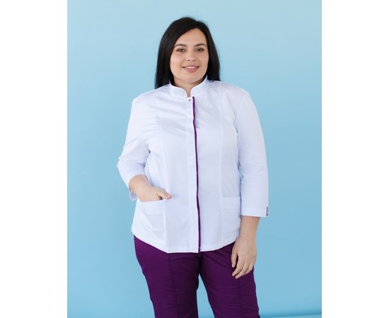 Изображение 3 Медицинский костюм женский Сакура белый-фиолетовый +SIZE р. 56, "БЕЛЫЙ ХАЛАТ" 317-346-679, Размер: 56, Цвет: белый-фиолетовый