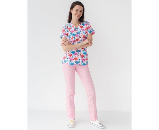 Изображение  Medical suit with print for women Topaz flamingo colored s. 40, "WHITE ROBE" 138-337-660, Size: 40, Color: flamingos colored