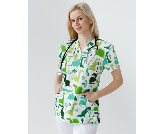Изображение 3 Medical suit with print for women Topaz dinosaurs green s. 40, "WHITE ROBE" 137-324-769, Size: 40, Color: dinosaurs green