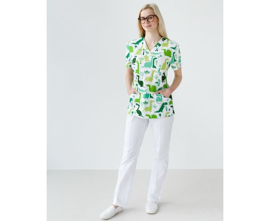 Изображение 10 Medical suit with print for women Topaz dinosaurs green s. 40, "WHITE ROBE" 137-324-769, Size: 40, Color: dinosaurs green