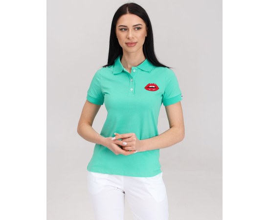 Изображение  Medical polo for women menthol with embroidery Lips s. S, "WHITE ROBE" 147-441-635, Size: S, Color: menthol