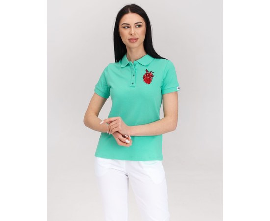 Изображение  Medical polo for women menthol with embroidery Heart of the river. L, "WHITE ROBE" 147-441-555, Size: L, Color: menthol