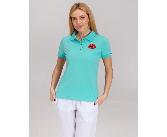 Изображение  Women's medical polo, light turquoise with embroidery Lips s. M, "WHITE ROBE" 147-426-635, Size: M, Color: turquoise