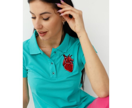 Изображение  Women's medical polo, turquoise, with embroidered Heart of the river. L, "WHITE ROBE" 147-348-555, Size: L, Color: turquoise