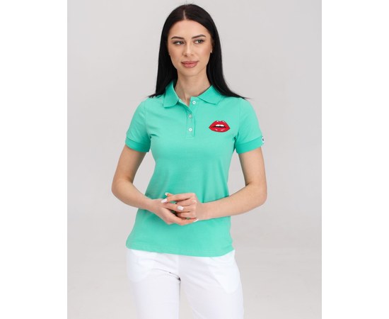 Изображение  Medical polo for women menthol with embroidery Lips s. L, "WHITE ROBE" 147-441-635, Size: L, Color: menthol