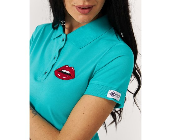 Изображение  Women's medical polo, turquoise, with embroidery Lips s. M, "WHITE ROBE" 147-348-635, Size: M, Color: turquoise