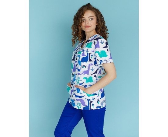 Изображение  Women's medical shirt Topaz print dinosaurs electric blue. 40, "WHITE ROBE" 126-334-640, Size: 40, Color: dinosaurs electrician