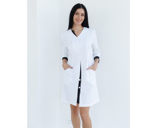 Изображение  Women's medical gown Olivia with buttons white-black s. 50, "WHITE ROBE" 159-347-677, Size: 50, Color: white black