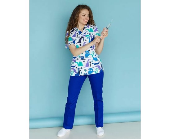 Изображение  Medical suit with print for women Topaz dinosaur electric s. 40, "WHITE ROBE" 138-334-640, Size: 40, Color: dinosaur electrician
