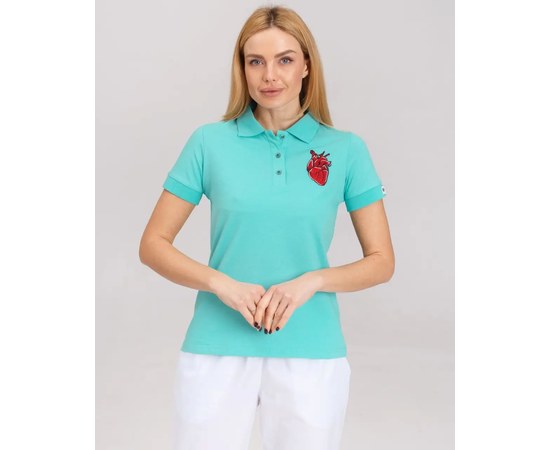 Изображение  Women's medical polo, light turquoise with embroidery Heart of the river. M, "WHITE ROBE" 147-426-555, Size: M, Color: turquoise