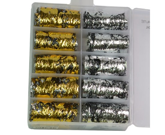 Изображение  Фольга переводная для дизайна ногтей поталь на сетке, набор 10 шт золото, серебро