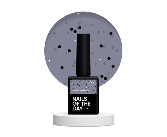 Зображення  Nails Of The Day MiDots gel polish №09 – глибокий–сірий гель-лак із чорними крапочками для нігтів, 10 мл, Об'єм (мл, г): 10, Цвет №: 09
