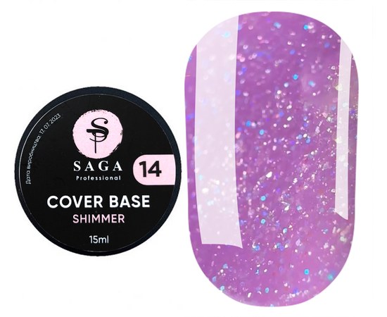 Изображение  Base for gel polish Saga Shimmer Base New No. 14 lilac with shimmer, 15 ml, Volume (ml, g): 15, Color No.: 14