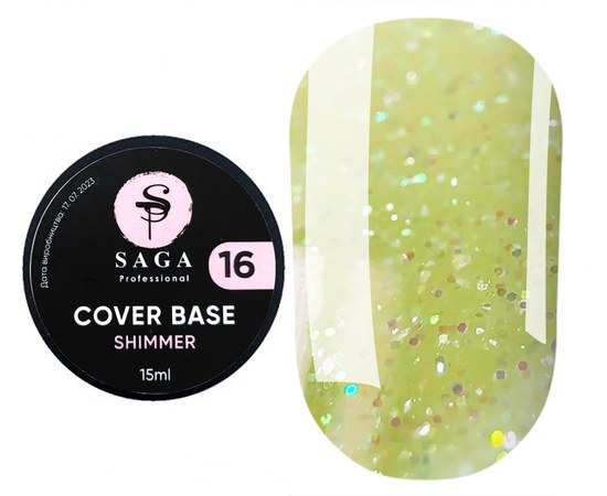 Изображение  Base for gel polish Saga Shimmer Base New No. 16 yellow with shimmer, 15 ml, Volume (ml, g): 15, Color No.: 16