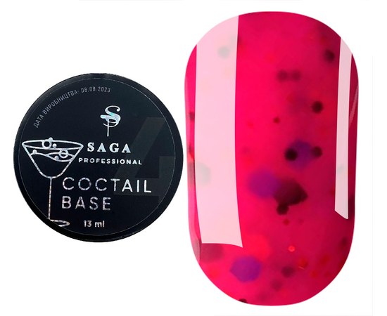 Изображение  База для гель-лака Saga Coctail Base №02 ярко-розовый с хлопьями, 13 мл, Объем (мл, г): 13, Цвет №: 02