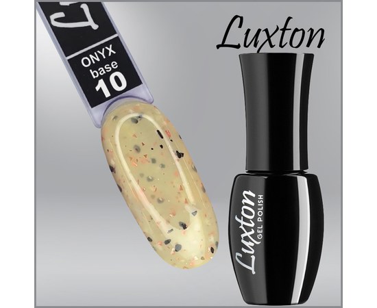 Зображення  Камуфлююча база LUXTON Onyx Base №010 ніжна жовта з чорно-білими пластівцями та персиковою поталлю, 10 мл, Об'єм (мл, г): 10, Цвет №: 010