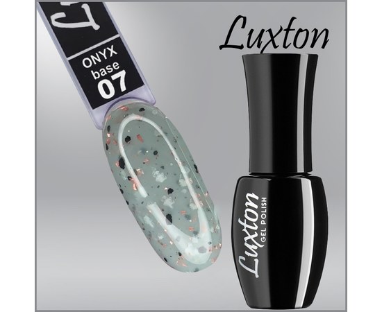 Зображення  Камуфлююча база LUXTON Onyx Base №007 світла сіра з чорними пластівцями і персиковою поталлю, 10 мл, Об'єм (мл, г): 10, Цвет №: 007