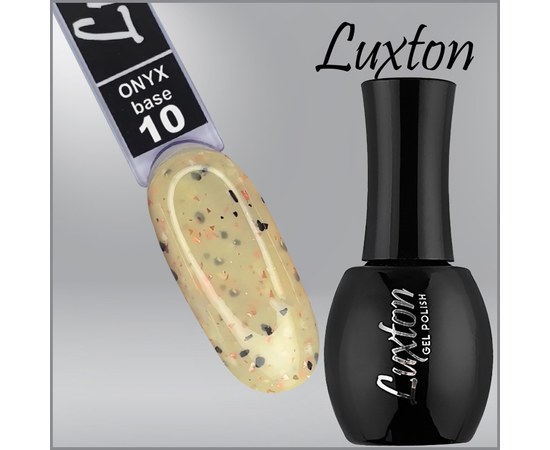 Изображение  Camouflage base LUXTON Onyx Base No. 010 delicate yellow with black and white flakes and peach gold leaf, 15 ml, Volume (ml, g): 15, Color No.: 10