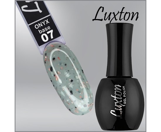 Зображення  Камуфлююча база LUXTON Onyx Base №007 світла сіра з чорними пластівцями і персиковою поталлю, 15 мл, Об'єм (мл, г): 15, Цвет №: 007