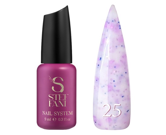 Изображение  Base camouflage for gel polish Steffani Cover Base №25 milky with purple confetti and glitter, 9 ml, Volume (ml, g): 9, Color No.: 25