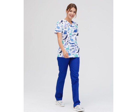 Изображение  Medical suit with print women's Topaz Dinosaurs blue s. 42, "WHITE ROBE" 138-322-859, Size: 42, Color: динозавры синий