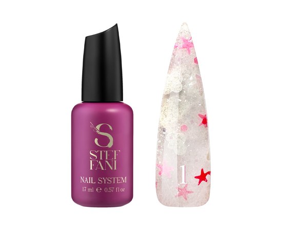 Изображение  Top for gel polish without a sticky layer Steffani Top Star №01 with pink and silver foil decor, 17 ml, Volume (ml, g): 17, Color No.: 1