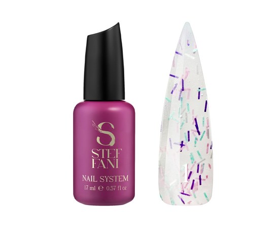 Изображение  Top for gel polish without a sticky layer Steffani Top Salute №01 silver, light green, purple, pink shavings, 17 ml, Volume (ml, g): 17, Color No.: 1