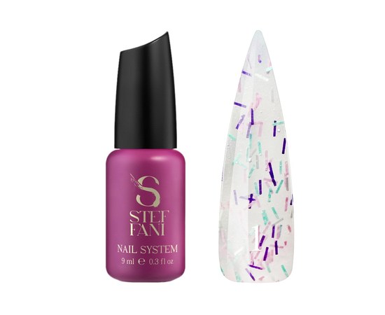 Изображение  Top for gel polish without a sticky layer Steffani Top Salute №01 silver, light green, purple, pink shavings, 9 ml, Volume (ml, g): 9, Color No.: 1