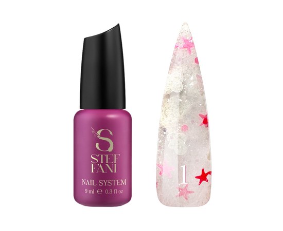Изображение  Top for gel polish without a sticky layer Steffani Top Star №01 with pink and silver foil decor, 9 ml, Volume (ml, g): 9, Color No.: 1