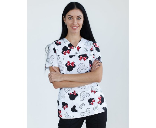 Изображение  Women's topaz medical shirt with Mickey print, black s. 48, "WHITE ROBE" 126-324-773, Size: 48, Color: микки черный