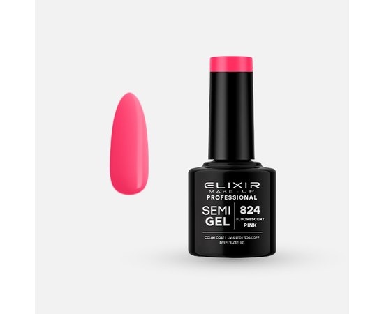 Изображение  Semi-permanent gel nail polish Elixir Semi Gel 824 Fluorescent pink, 8 ml, Volume (ml, g): 8, Color No.: 824