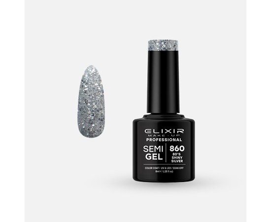 Изображение  Semi-permanent gel nail polish Elixir Semi Gel 860 80's Shiny Silver, 8 ml, Volume (ml, g): 8, Color: 80