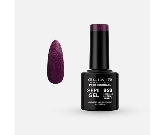 Зображення  Напівперманентний гель-лак для нігтів Elixir Semi Gel 863 Metallic Imperial Purple, 8 мл, Об'єм (мл, г): 8, Цвет №: 863