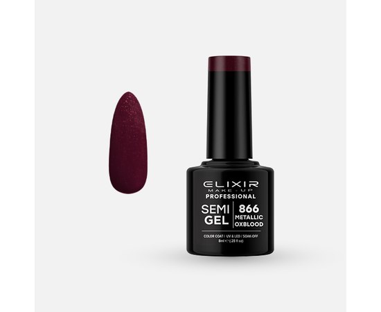 Зображення  Напівперманентний гель-лак для нігтів Elixir Semi Gel 866 Metallic Oxblood, 8 мл, Об'єм (мл, г): 8, Цвет №: 866