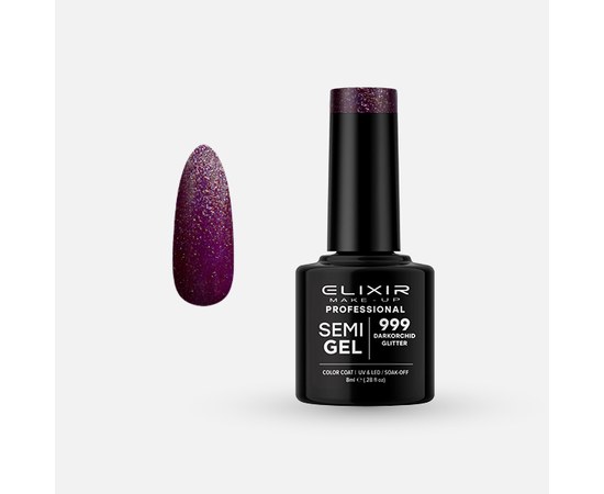 Зображення  Напівперманентний гель-лак для нігтів Elixir Semi Gel 999 Dark orchid Glitter, 8 мл, Об'єм (мл, г): 8, Цвет №: 999