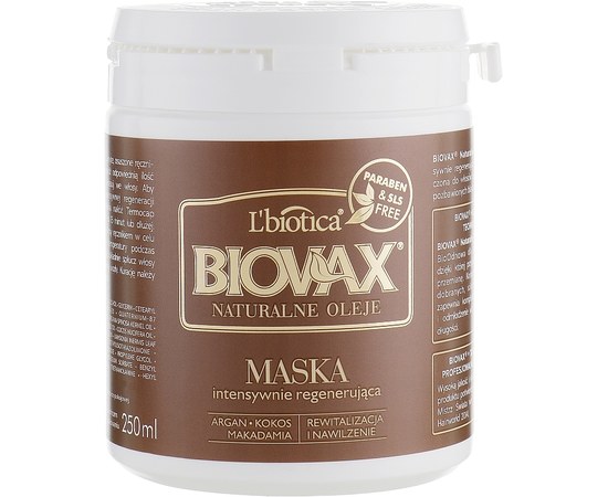Зображення  Маска для волосся поживна "Натуральні олії" Biovax Natural Oils Intensive Regeneration Hair Mask, 250 мл