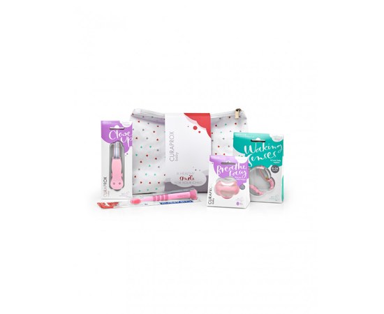 Изображение  Children's set Curaprox Baby Set pacifier, holder, teeth stimulator, brush, pink
