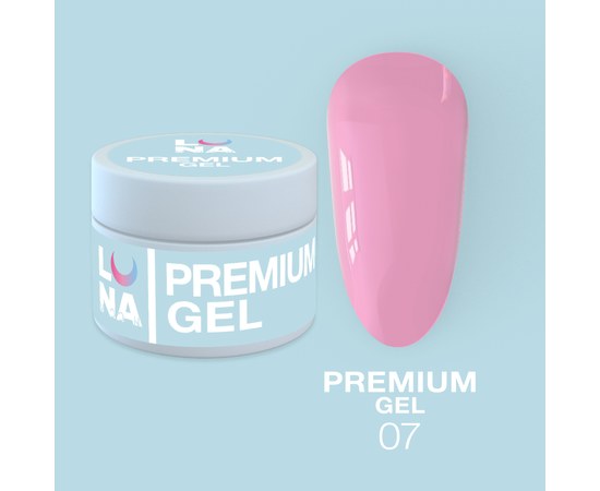 Зображення  Гель для нарощування нігтів LUNAMoon Premium Gel №7, 15 мл, Об'єм (мл, г): 15, Цвет №: 07, Колір: Рожевий