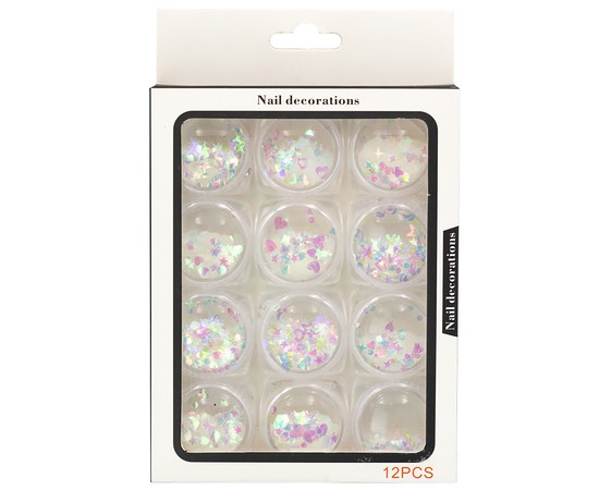 Изображение  Confetti for decorating nails in a set of 12 pcs - holographic