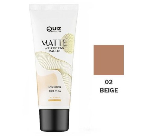Зображення  Матуюча тональна основа для обличчя Quiz Cosmetics Matte and Covering Make-Up 02 Beige, 30 мл, Об'єм (мл, г): 30, Цвет №: 02