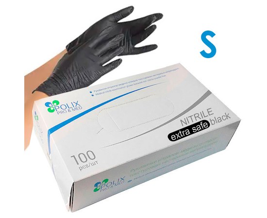 Зображення  Рукавички медичні нітрилові неопудрені Polix Pro&Med Black S (100 шт/пачка) чорні, Розмір рукавичок: S, Колір: Чорний